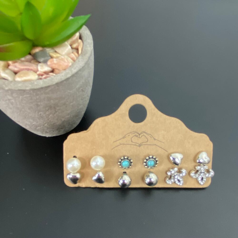 Western Boho Stud Earring Set - Opal, Turquoise & Hearts (6 Pairs)